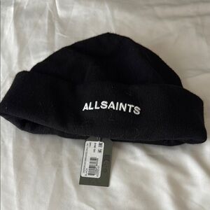AllSaints Black Beanie underground embroidered skull cap